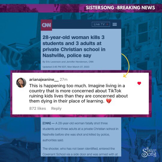 SisterSong_WOC's tweet photo. We have a RIGHT to raise our children in safe and sustainable communities. School shootings like the one today have no place in our society. When will our lawmakers prioritize our children? https://t.co/e9KQk5GHDc