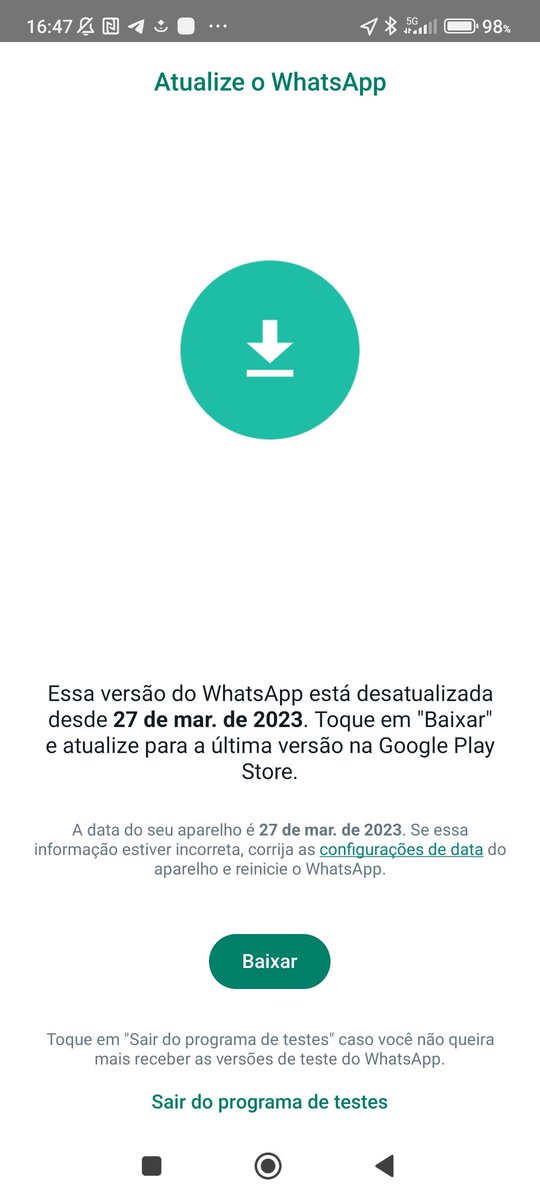 O <a href="/WhatsApp/">WhatsApp</a> beta com bug, manda atualizar, mas já tô com a última versão... Medo de perder o histórico

Whatsapp Beta #whatsappdown #Whatsappbeta #WhatsApp