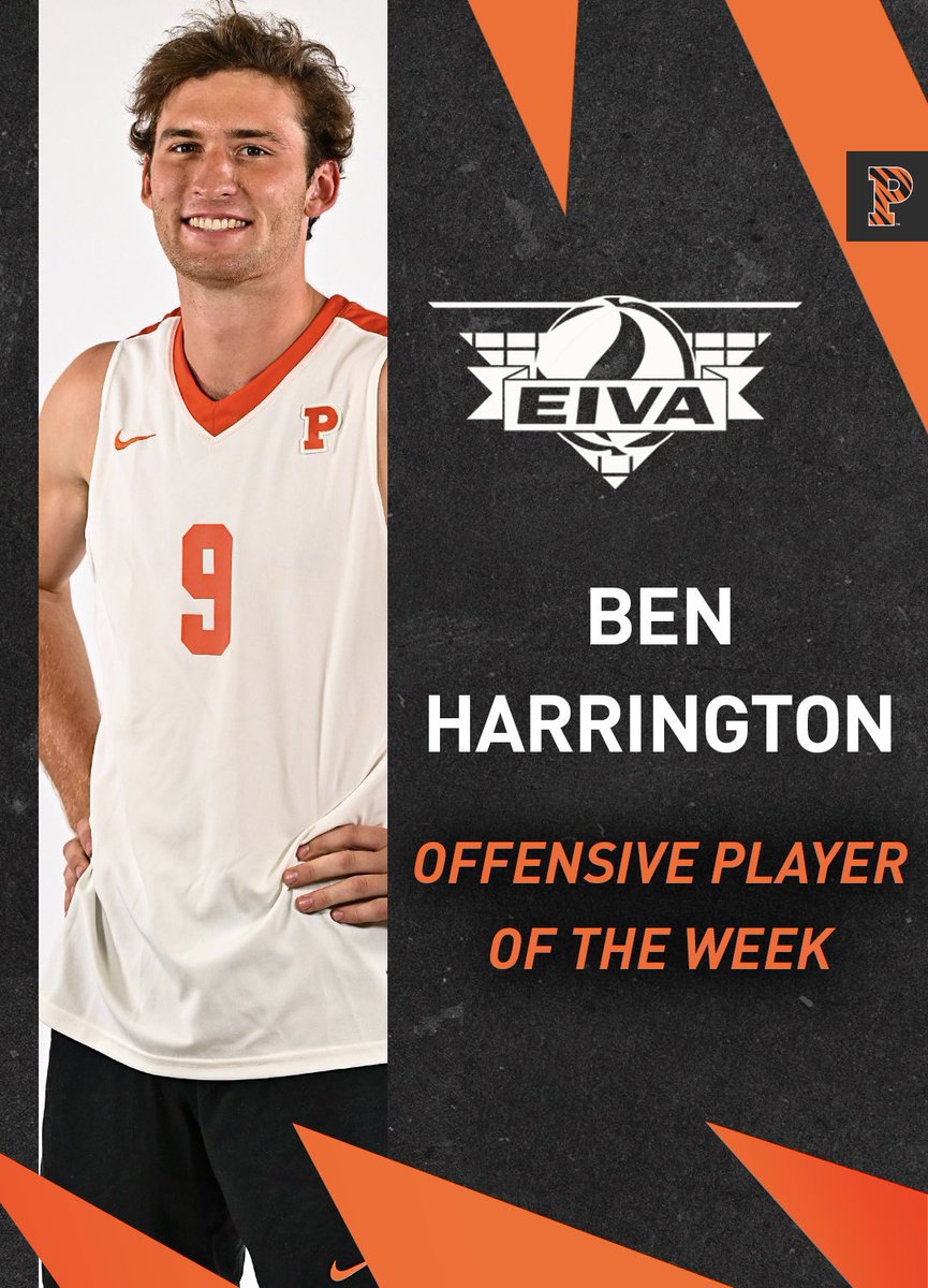 PrincetonVolley's tweet photo. Ben Harrington named EIVA Offensive Player of the Week! 🔥🏐

This is his 4th weekly EIVA honor for 2023 🏆🏆🏆

Harrington’s totals between last week’s 2 matches include: 

✔️ 30 Kills
✔️ 8 Aces 
✔️12 Digs
✔️ 2 Blocks 
✔️ 1 Win Over a Top 10 Team

🔗: https://t.co/6gsjawU2PA https://t.co/nNf5gJAk3w