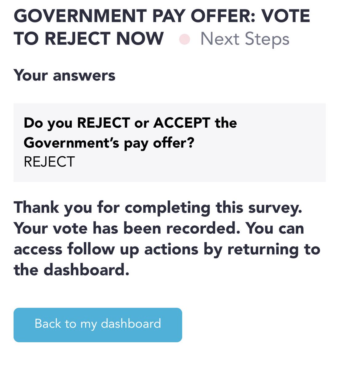 Pay offer vote received 19:59 - rejected at 20:00
@NEUnion had a detailed presentation on this derisory ‘offer’ explaining why it should be rejected. @NASUWT members enjoyed a 2min prerecorded message. Imagine paying subs for that 🤦🏻‍♂️

#TeacherStrike #NEU #teacherpay #nasuwt