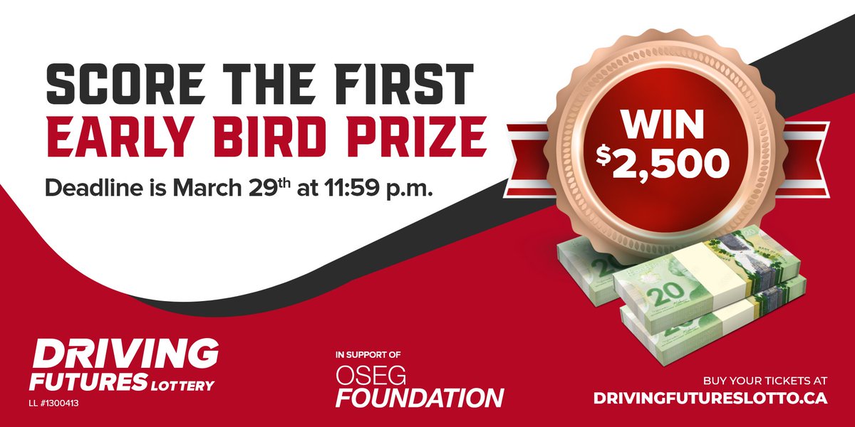 The <a href="/FoundationOSEG/">OSEG Foundation</a> has launched its Driving Futures Lottery with proceeds supporting youth in sports.

Buy tickets before the first early bird deadline this Wednesday &amp; you could take home $2,500 cash- AND stay in the running for the grand prize. 

🎟️: drivingfutureslotto.ca/ts