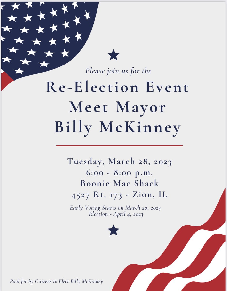 Billy McKinney (@billy4mayorzion) on Twitter photo Come out and join me and other local elected officials for good conversation and food should you decide to partake. RSVP to votebillymckinney@gmail.com Come out and join me and other local elected officials for good conversation and food should you decide to partake. RSVP to votebillymckinney@gmail.com