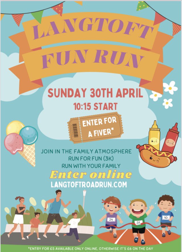 Looking for something fun to do as a family on the first May bank holiday weekend? Why not try our 3k fun run for a fiver on Sunday, 30 April. Sign up at Langtoftroadrun.com. Enjoy some refreshments after the race and stick around to cheer on our 10k runners.