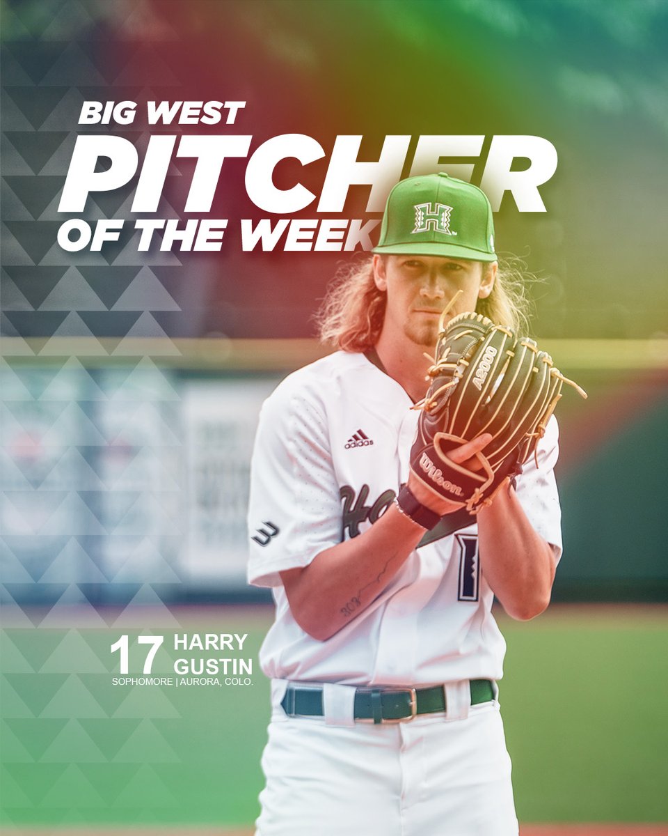 HawaiiBaseball's tweet photo. When you dominate on a Friday night, people take notice. 👊

First career Big West Pitcher of the Week recognition for @hgustin_4! #GoBows https://t.co/H9IY55y8MI