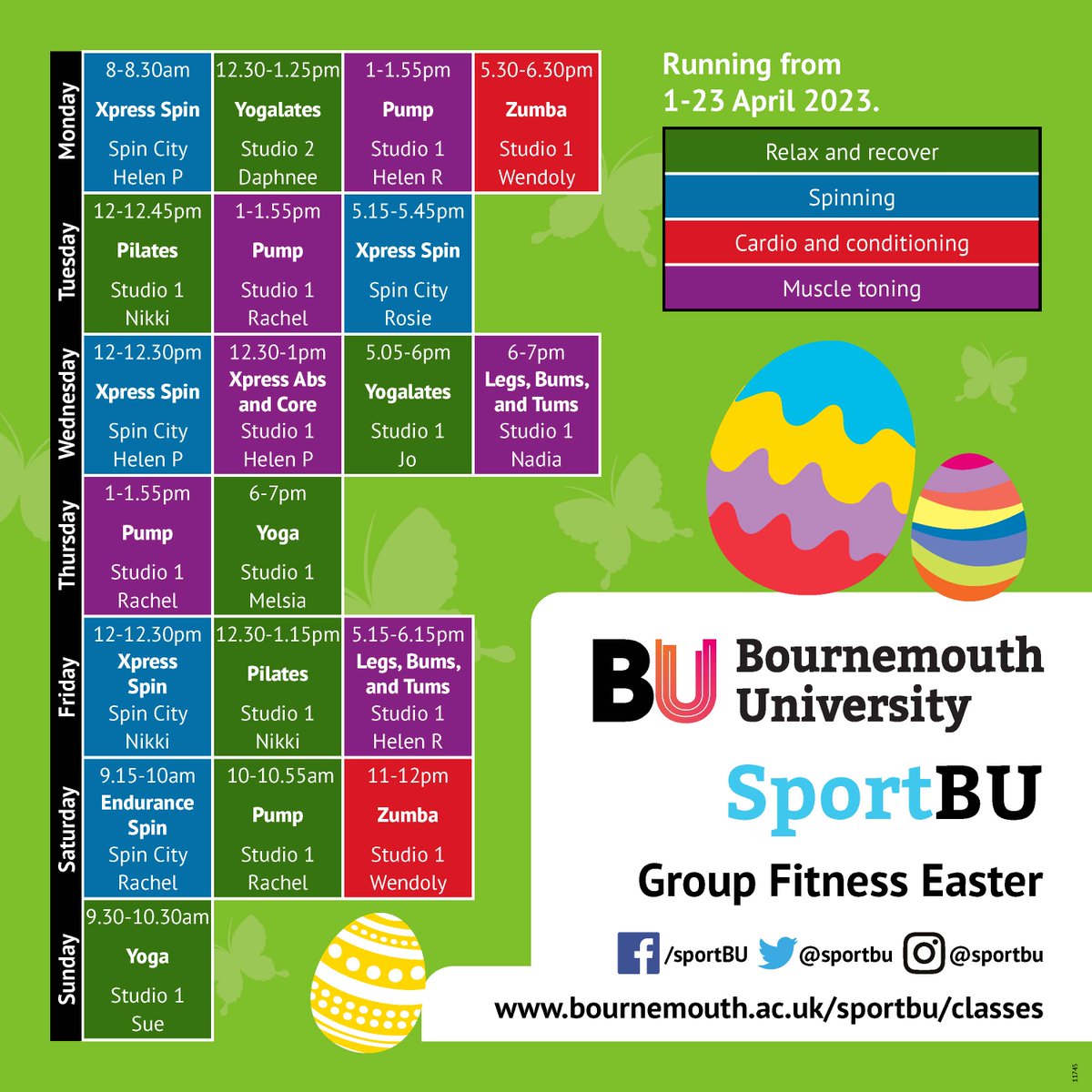 Happy Holidays from all at SportBU!

Those returning home for the Easter break, we wish you all safe travels and look forward to your return! 

For those remaining in Bournemouth, take a look at our health and fitness classes on the timetable below running from 1st - 23rd April!