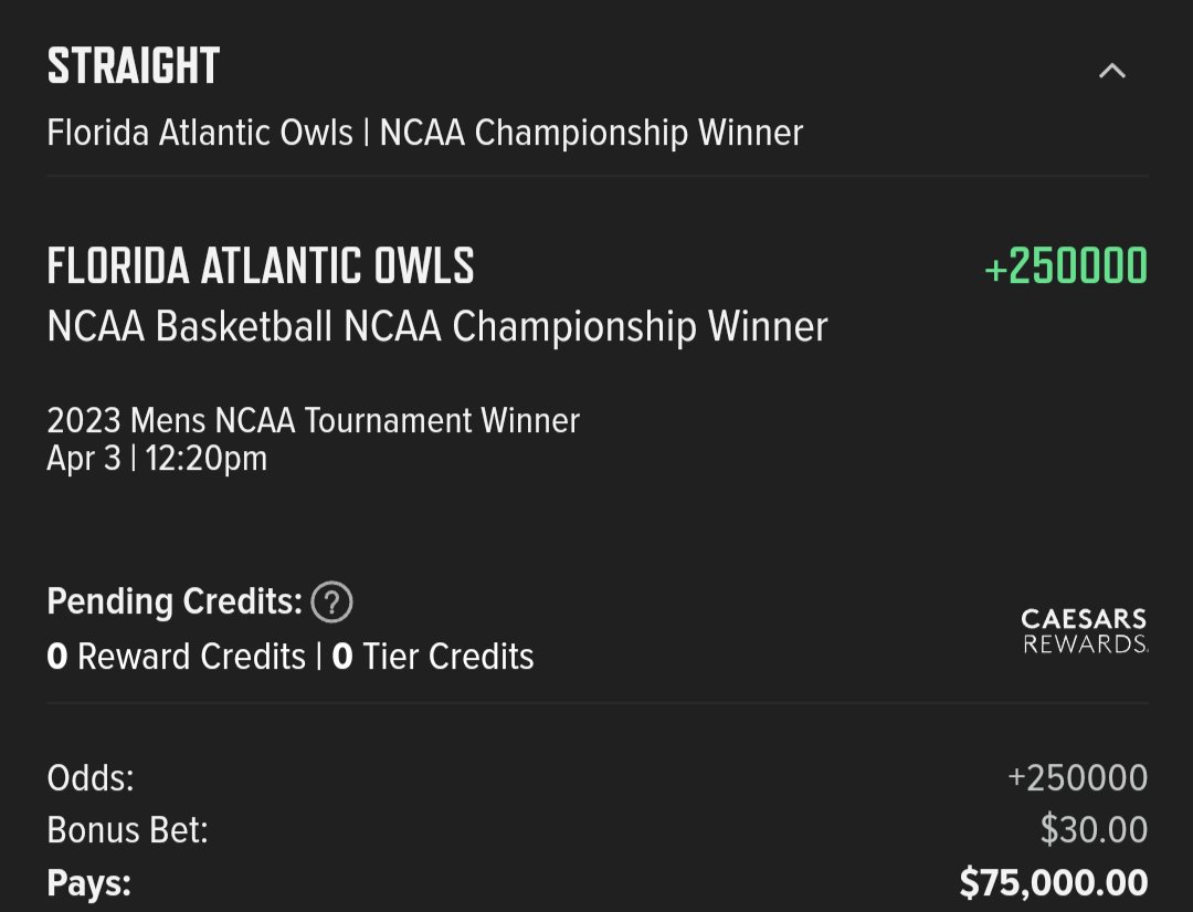 LDoebel's tweet photo. @CaesarsSports any cash-out offers for a Florida Atlantic NCAA Championship Winner +250,000 ticket? https://t.co/WoL8f5SWq5