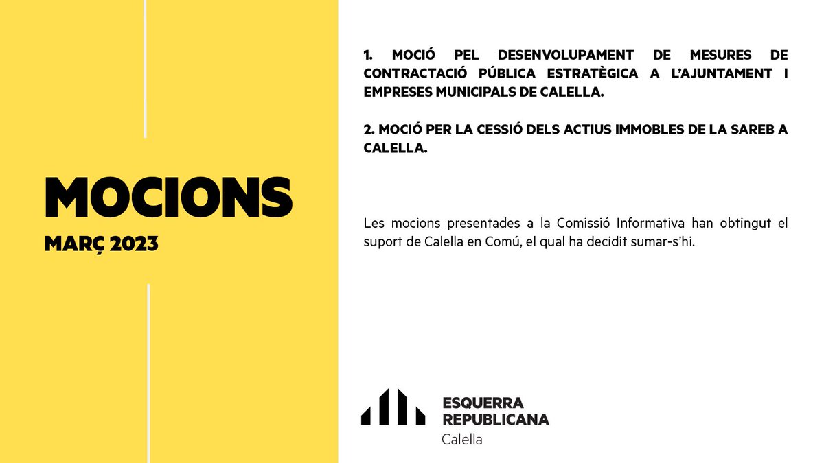 ERCCalella's tweet photo. 🟡 𝗠𝗢𝗖𝗜𝗢𝗡𝗦 𝗗𝗘𝗟 𝗣𝗟𝗘 𝗗𝗘 𝗠𝗔𝗥𝗖̧
#PleCalella #calellaésmés #EsquerraRepublicana #TransformemCalella🦋 #ambERCCalella https://t.co/iRWkLkTqiI