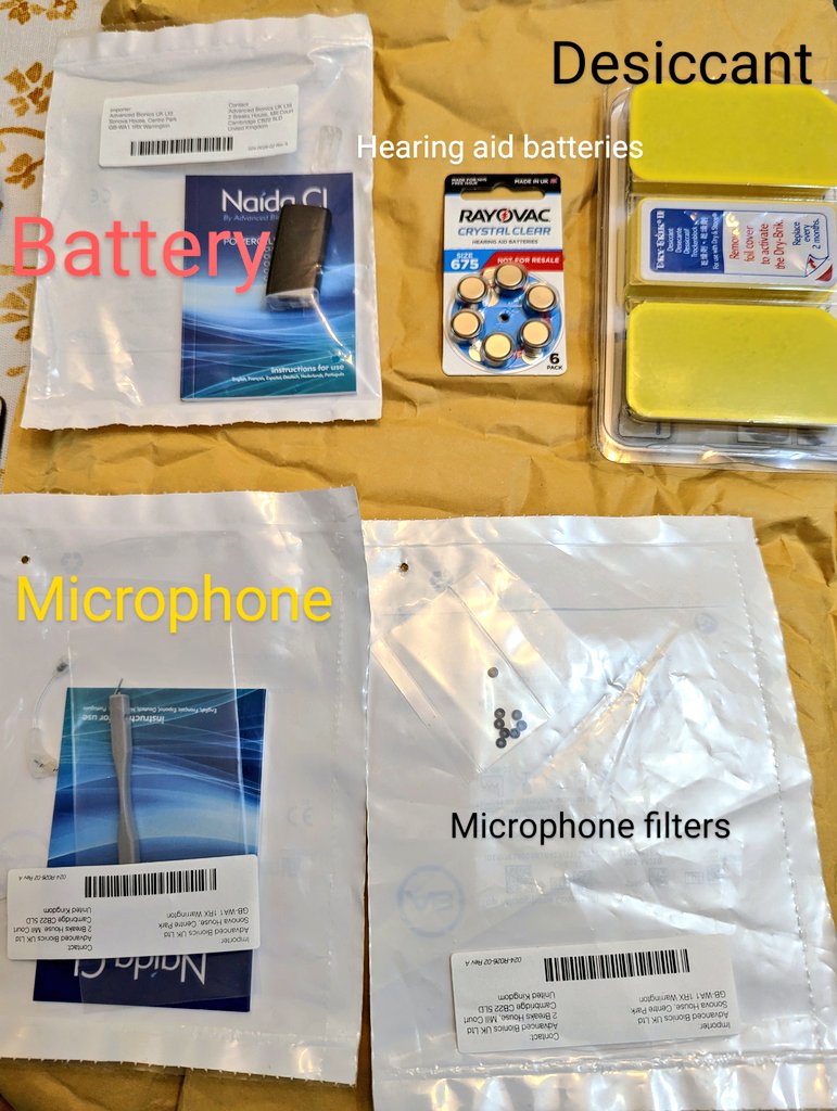 Yasir_Haniff's tweet photo. Spare parts arrived for my #AdvancedBionics Naida CI Q90 #CochlearImplant sound processor and compatible Naida Link hearing aid 📷👇
Battery (large size)
Hearing aid batteries
Desiccant (for drying box)
Microphone (large size)
Microphone filters (change every 3 months) https://t.co/QmMofH72X9
