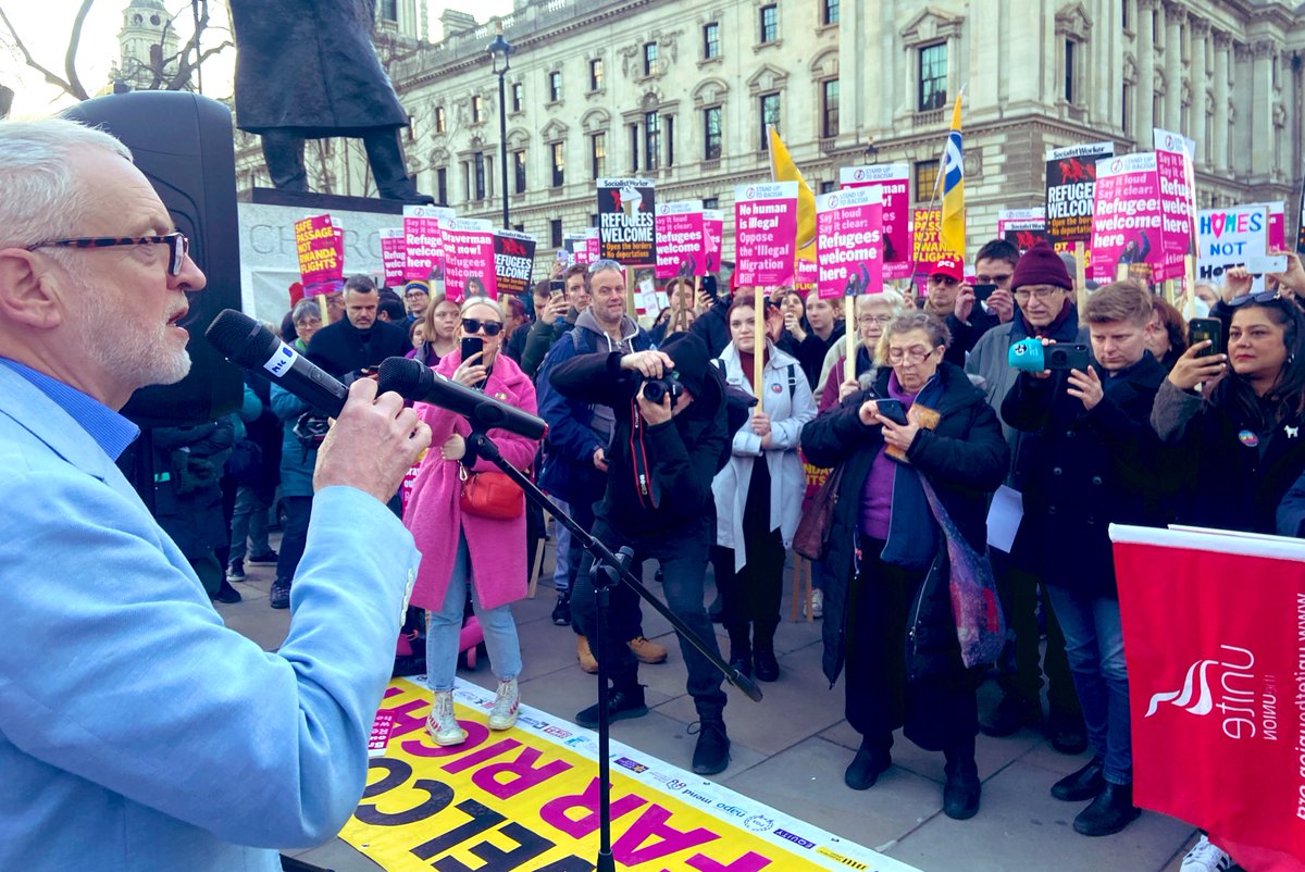 jeremycorbyn's tweet image. The real politics in this country is on our streets and in our communities. That’s why I joined anti-racist campaigners tonight to oppose the Tories’ attack on refugees.

The labour movement exists to stand up for the marginalised — I will keep fighting for a more caring world.