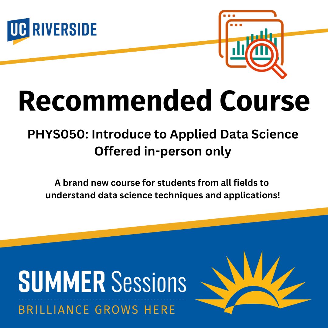 With the topic of data science getting more popular, this introductory course is a great choice for students from ALL fields about how to use data science in their work! Registration opens April 3! #ucr #ucriverside #ucrsummersessions