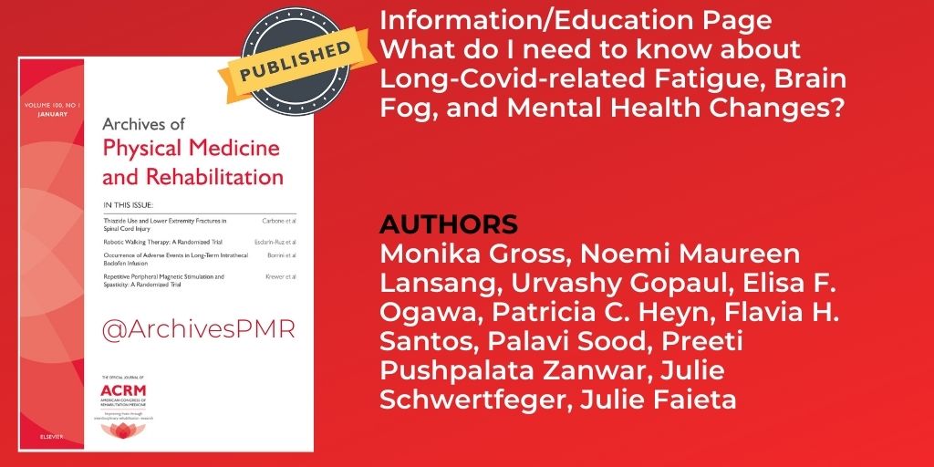 What do I need to know about #LongCovid-related #Fatigue, #BrainFog, &amp; #MentalHealth Changes?
At archives-pmr.org/article/S0003-…
#COVID19 #ACRM <a href="/julie_faieta/">Julie Faieta</a> <a href="/ThePoiseProject/">The Poise Project</a> <a href="/flavinska72/">Dr Flavia Santos</a> <a href="/PatriciaHeyn/">Patricia C. Heyn, PhD, FGSA, FACRM</a> <a href="/JuliePT3/">Julie Schwertfeger</a> <a href="/porcelain_mind/">Noemi Lansang</a> <a href="/DrGopaulSandhya/">Sandhya (Urvashy) Gopaul</a> <a href="/PreetiZanwar/">Preeti Pushpalata Zanwar ☮️ RTs & All Views Mine</a>