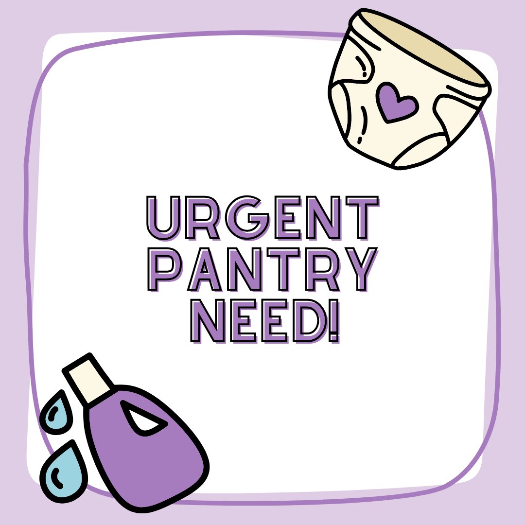 Our pantry has a low stock of size 5-6 diapers, pullups, and laundry soap!

 Donations can be dropped off at our building between 9am-3pm M-F, or you can shop our amazon wish list here: ow.ly/FNwn50Nt5Cp💜