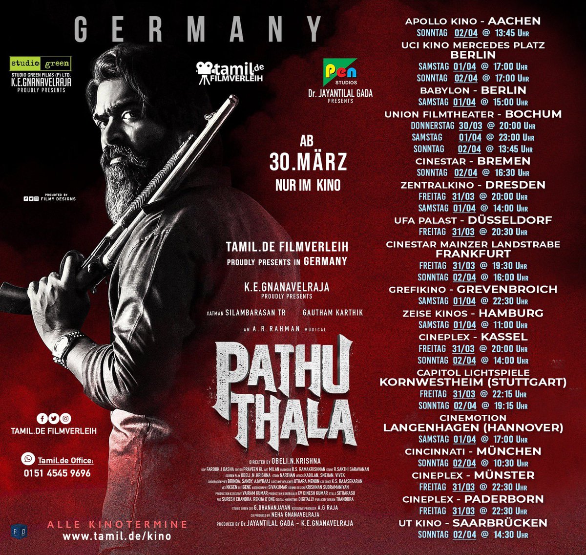 #PathuThala ✅ DCP delivered to all Cinemas in Germany! We are Ready! 🎥 🍿All Showtimes: tamil.de/kino 🚀