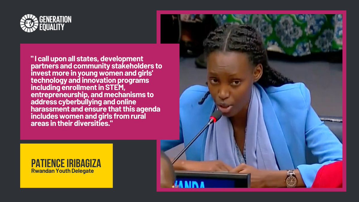 AfriYAN_Rwanda's tweet photo. @PIribagiza from Rwanda notes that young women and girls' technology and innovation programs are critical to achieving gender equality. We must prioritize enrollment in STEM, entrepreneurship, and address cyberbullying & online harassment.
#CSW67
#Youth4CSW
#GenerationEquality https://t.co/IsRN63wRQY