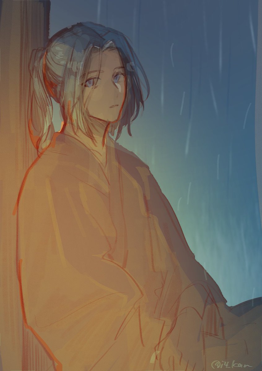 1boy solo male focus rain ponytail blue eyes sitting  illustration images