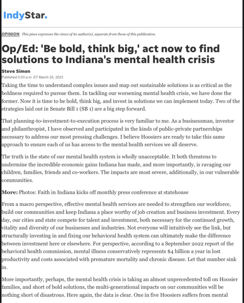 MHAIndiana's tweet photo. Steve Simon is owner and alternate governor of Pacers Sports & Entertainment and a member of the Indiana Mental Health Roundtable. Read his op-Ed urging officials to fully fund senate bill 1! #SteveSimon #MentalHealthAwareness #SB1 https://t.co/BNHTsODoF5