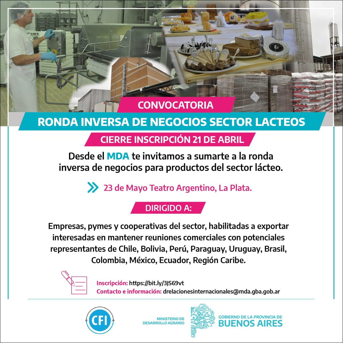 Ronda Inversa de Negocios a realizarse en la ciudad de La Plata el día 23 de mayo.
En la misma podrán realizar reuniones individuales con importadores de la región 
Periodo de inscripción hasta el 21 de abril