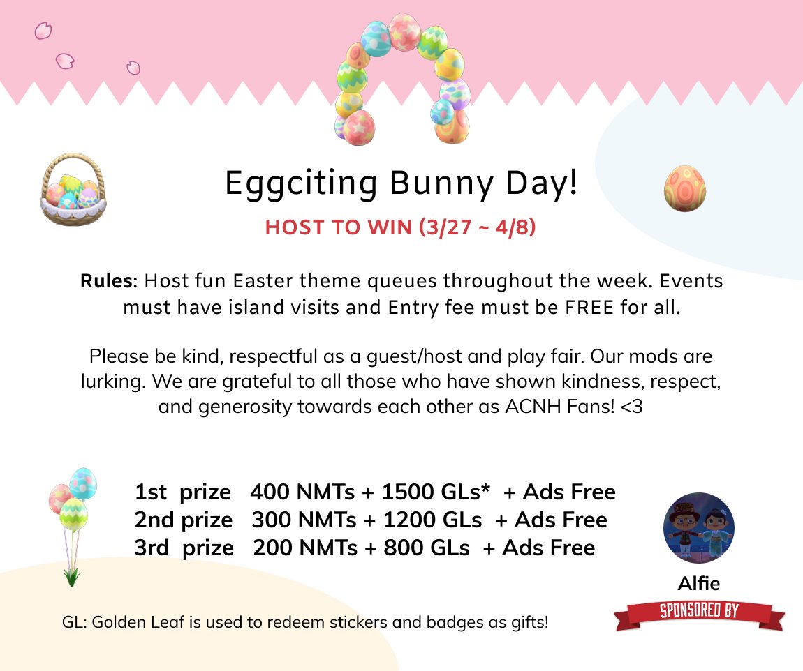 ACFan_co's tweet photo. 🐰 Eggciting Bunny Day! 🐰 

🏆 Join our events to win up to 400 NMTs, 4 million bells, and 1500 Golden Leaf (GL)!

Challenges will be hosted in the app

👉 iOS: https://t.co/fRyGq6SZs4
👉 Android: https://t.co/f4eF47EWFx

#ACNH #AnimalCrossing #ACNHgiveaways https://t.co/7wYc04PQwI