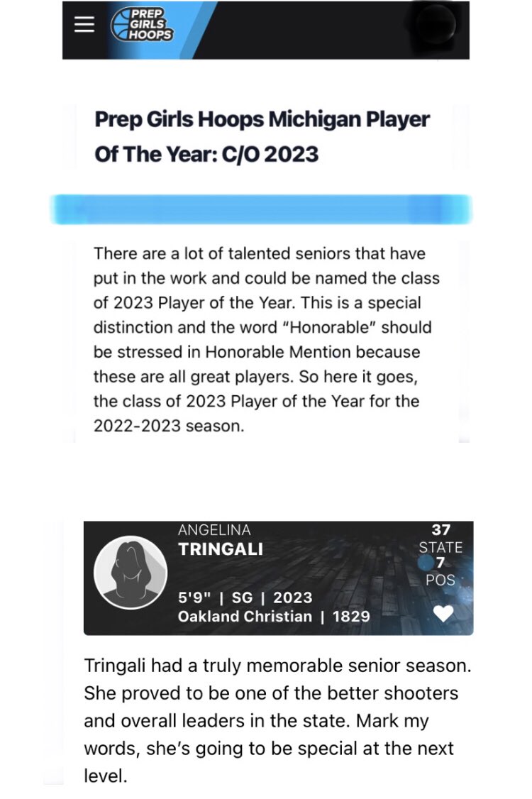 Congratulations to our senior guard Angelina Tringali for being one of the finalist for PGH Michigan Player of the Year C/O 2023

prepgirlshoops.com/2023/03/prep-g…