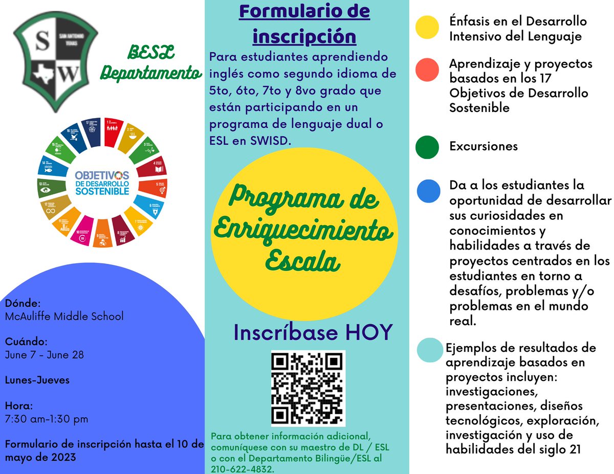 Estudiantes Emergentes Bilingües  en  grados 5,6,7,&amp; 8 estan invitados a particpar en nuestro programa de verano de enriquecimiento ESCALA. Habra Excursiones , Actividades STEM, y actividades que te ayudaran a mejorar tu desarollo del lenguaje.
Registrate ya!
