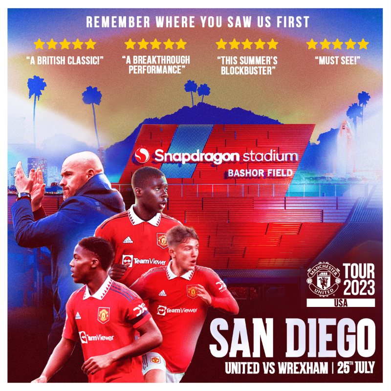 ManUtd's tweet photo. 🔴 Red Devils 🆚 Red Dragons 🏴󠁧󠁢󠁷󠁬󠁳󠁿

We're ready for a summer blockbuster in 
San Diego, are you? 👀🇺🇸

#MUFC || #MUTOUR23