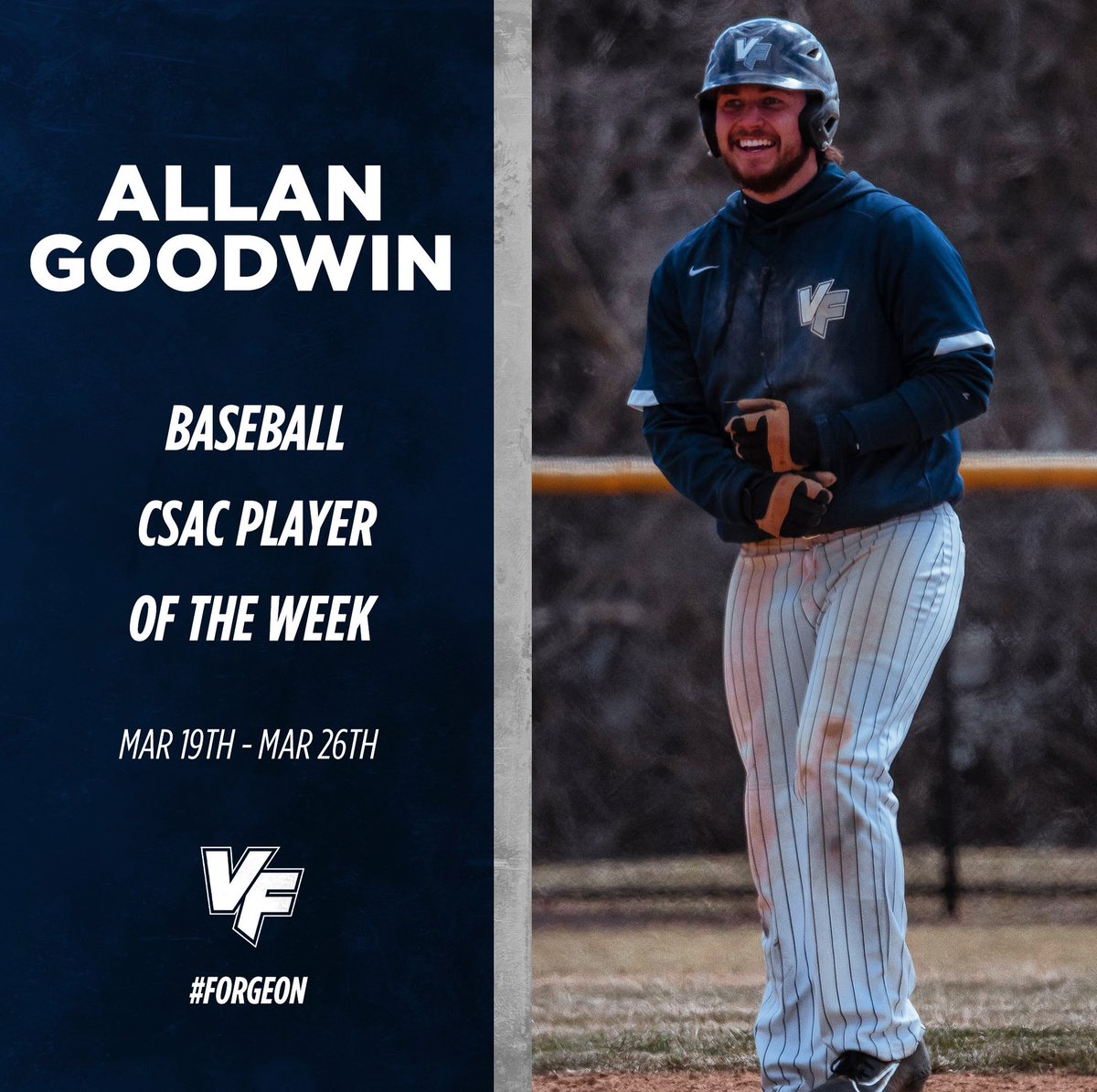 Allan Goodwin won his 2nd CSAC Player of the Week recognition for 2023! Goodwin posted a .500 Batting Average (8-for-16) hitting 2 home runs (both Grand Slams), scored 5 Runs, 1 2B, 1 SB, and finished the week with 10 RBI in a conference sweep over Clarks Summit #ForgeOn⚒️
