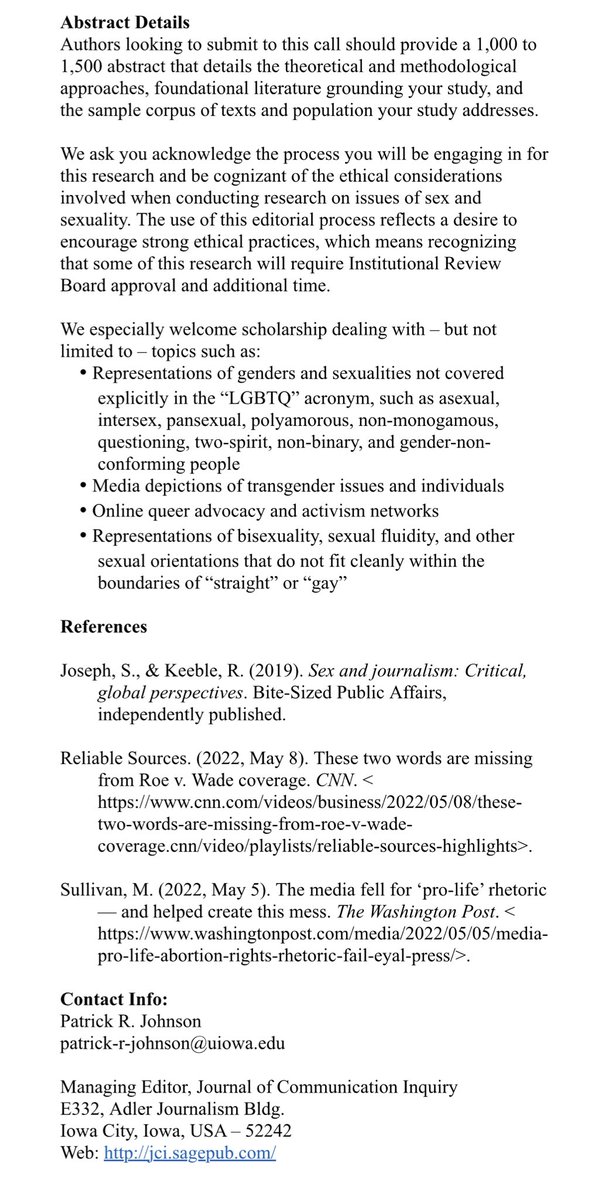 Patrick R. Johnson (@pr_johnson) on Twitter photo 🚨CfP ANNOUNCEMENT🚨
I am guest editing a special issue of <a href="/CommInquiry/">Journal of Communication Inquiry</a> about “Sex and the Press.”
The issue will focus on interrogating the intersection of sex and the press broadly w/a critical/cultural focus of various media.
Extended abstracts FIRST! Due June 15! 🚨CfP ANNOUNCEMENT🚨
I am guest editing a special issue of <a href="/CommInquiry/">Journal of Communication Inquiry</a> about “Sex and the Press.”
The issue will focus on interrogating the intersection of sex and the press broadly w/a critical/cultural focus of various media.
Extended abstracts FIRST! Due June 15!