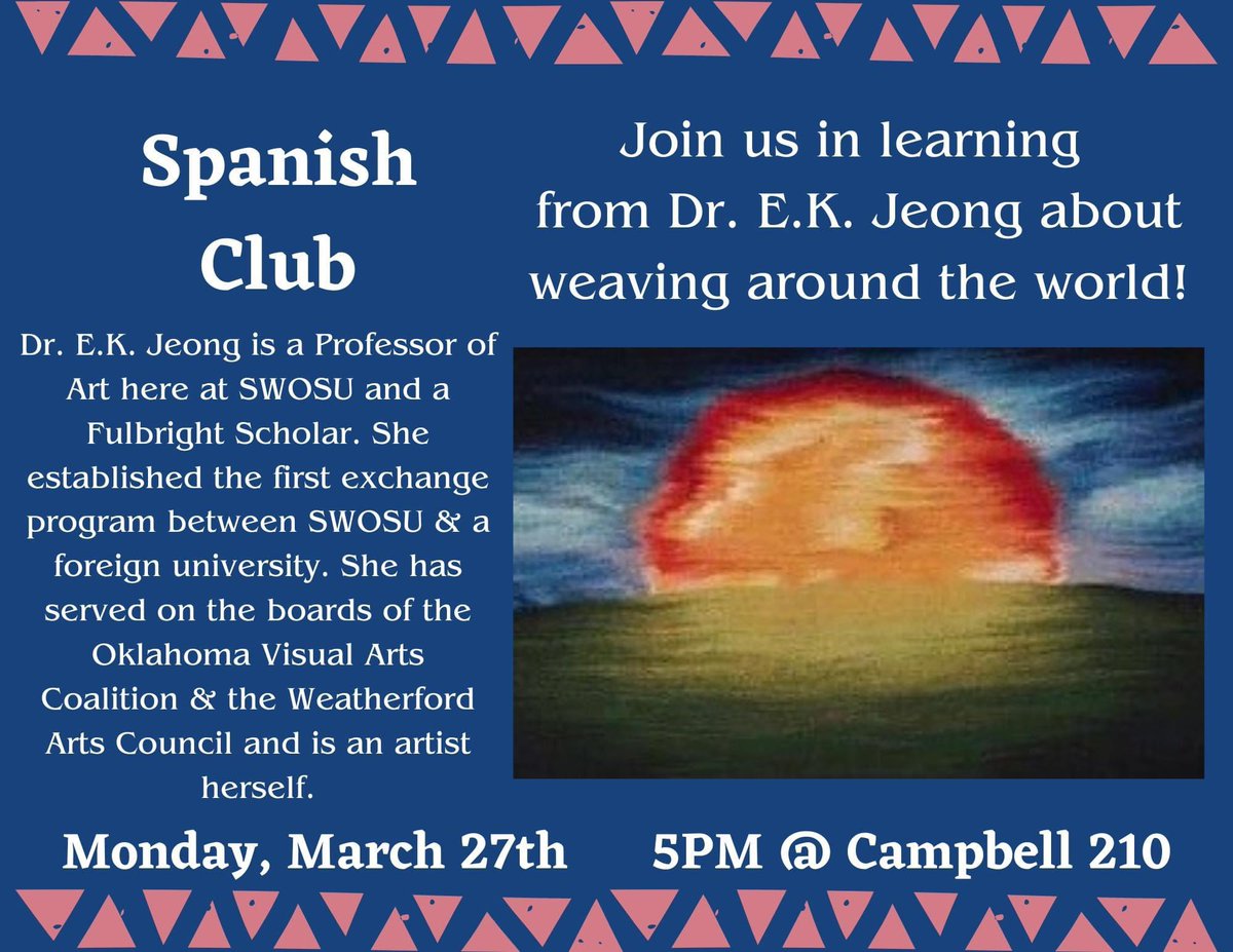 SWOSU_Lang_Lit's tweet image. Please join us TONIGHT! Everyone is welcome!!! #swosu #swosulanglit #swosuspanish