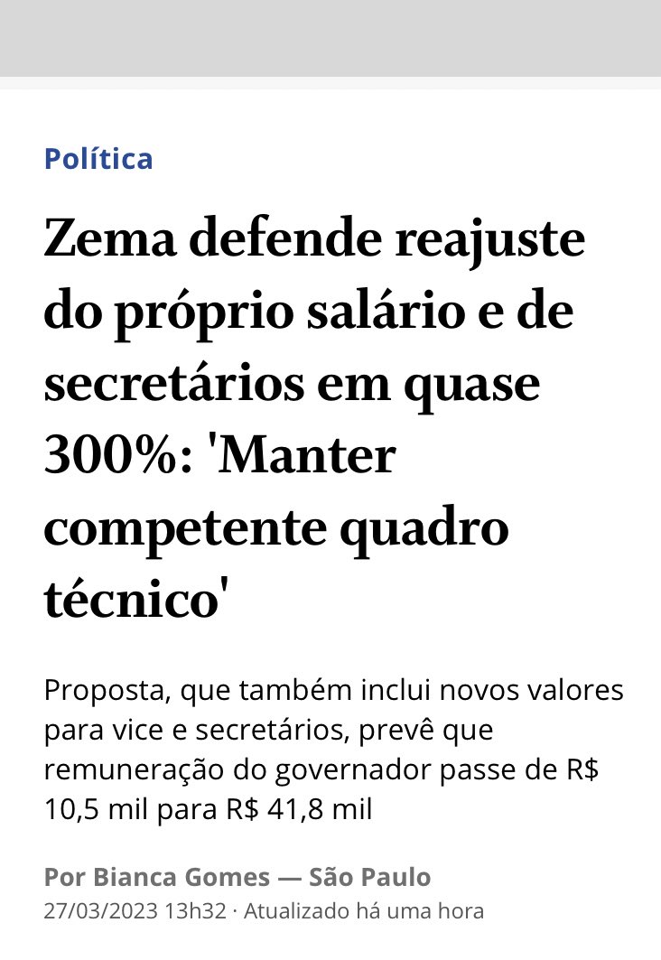 Zema, do Partido Novo, que não tem nada de novo, usa de práticas antigas, estado mínimo para os pobres e estado forte para elite política. Quer mamar nas custas dos impostos da classe trabalhadora, ao defender o aumento do próprio salário
