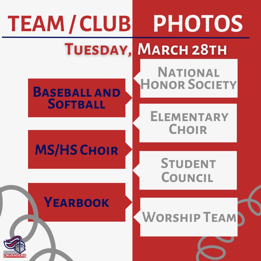 ccscrusader's tweet photo. Families: Team and Club Photos will be taken beginnings TOMORROW (Tuesday) afternoon. Please be sure to have everything that may be needed for photos at school! https://t.co/HZXzR4Tv03