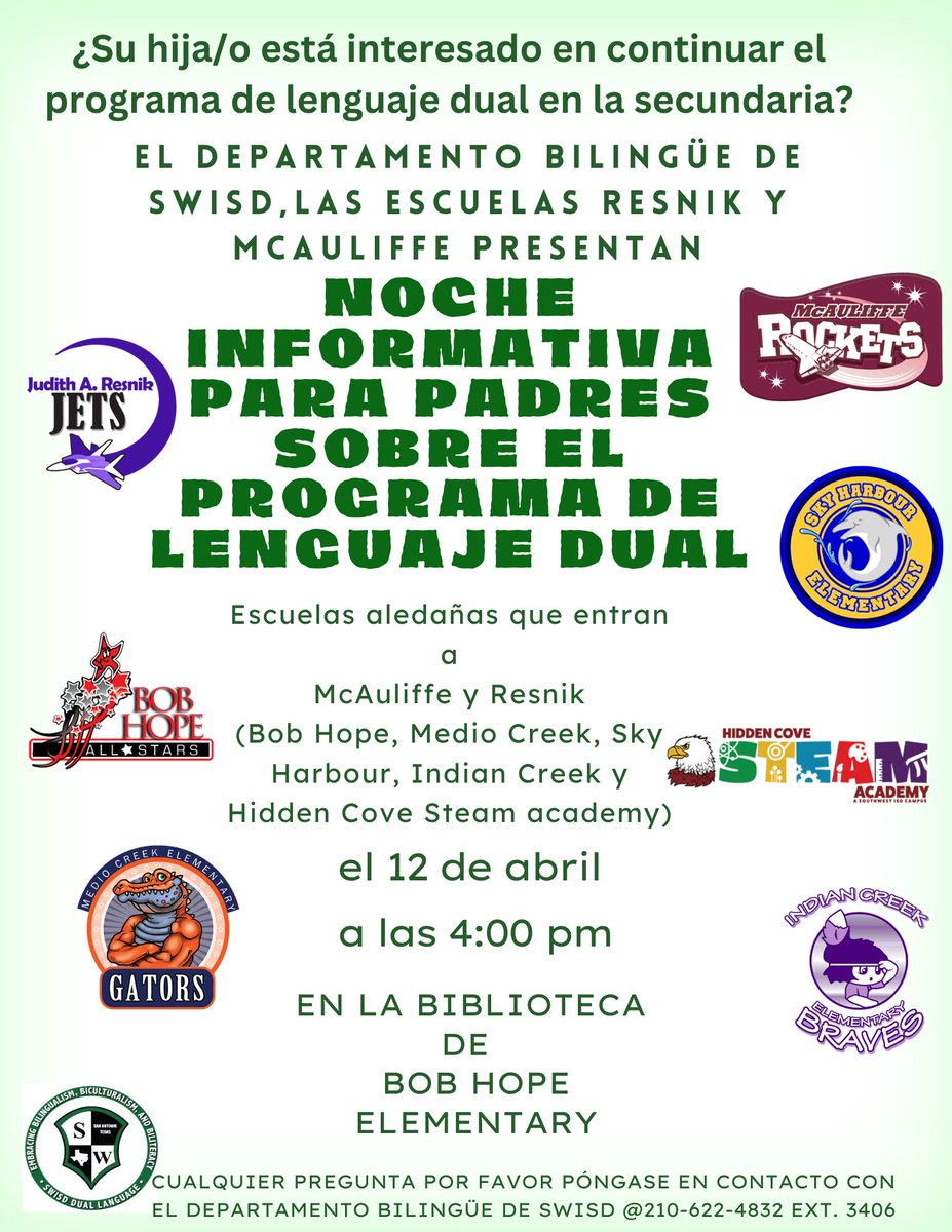 Noches informativas sobre el Programa de Lenguaje Dual en Resnik &amp; McAuliffe.
12 de abril en Bob Hope Elementary