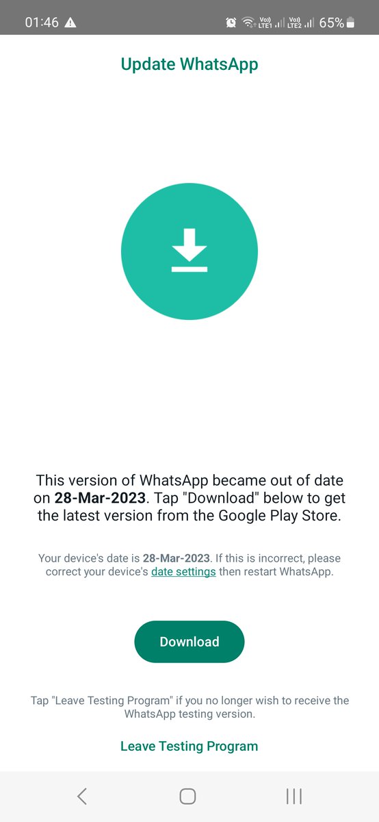 Rahul_Bali_RB's tweet photo. I am beta tester in @WhatsApp testing program. My device is showing that the version become out of date on 28th March. And when I click on download button to update the version, play store showing my version is already updated. #WhatsAppstopworking #WhatsApp https://t.co/wnvP5UVrBJ
