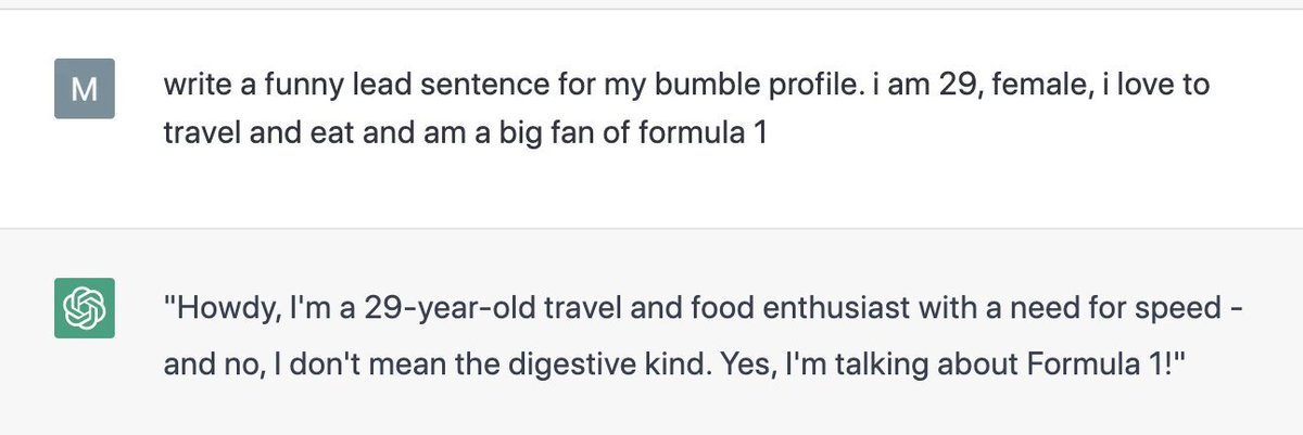 meredithfierce's tweet photo. asked chatgpt to write my dating profile and i think we need to ban AI https://t.co/FYbdHAOukU