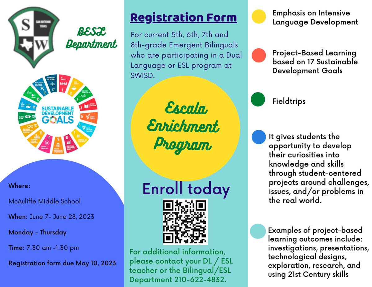 Emergent Bilingual students in grades 5,6,7, &amp; 8 are invited to participate in our ESCALA summer enrichment program. There will be Field Trips, STEM Activities, and activities that will help you improve your language development.
Register now!