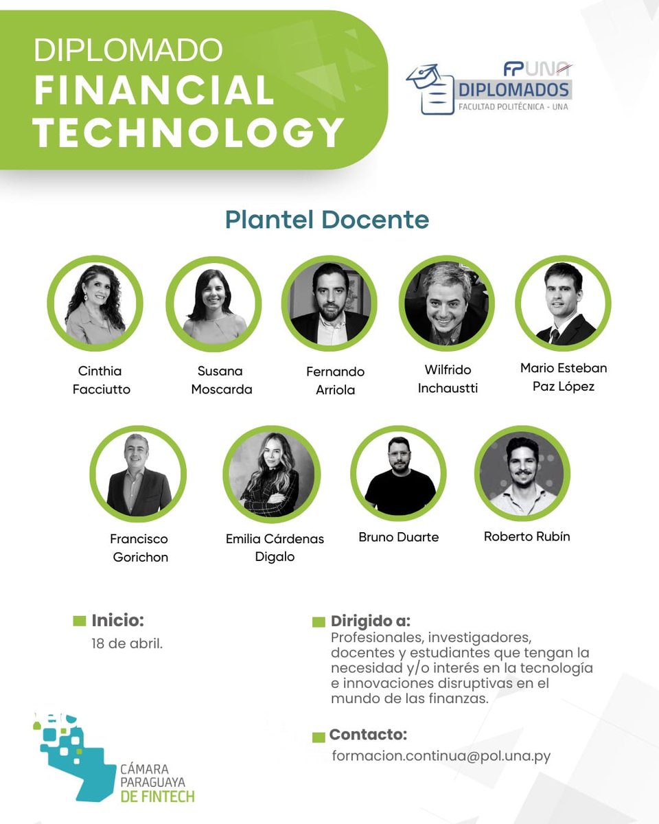 Te presentamos al plantel docente del Diplomado Financial Technology, que está conformado por especialistas en las diversas áreas. 👩🏻‍💻✅ 

Te dejamos este link para más información: bit.ly/3Zk6hIy