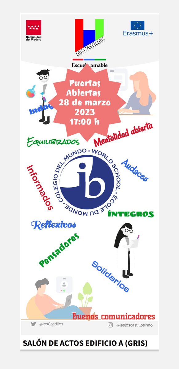 IesCastillos's tweet photo. 📢📢📢📢PUERTAS ABIERTAS BACHILLERATO INTERNACIONAL 📢📢📢📢
#IESLosCastillos #Alcorcón #BachilleratoInternacional #Bachillerato #IB #BI #ProgramaDelDiploma #ZonaSur #MadridSur #Madrid https://t.co/iROOOa0san