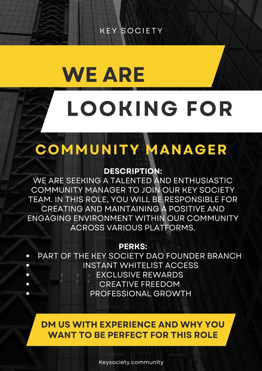 KeySocietyNFT's tweet photo. 📣🚀 Key Society is on the lookout for a rockstar Community Manager to join our team! 🌟 Are you a natural-born communicator, full of energy and passion for the NFT world? We need YOU! 💥  DM us!#KeySociety #CommunityManager #NFTCommunity #JoinUs #PositiveVibes #TwitterJobSearch https://t.co/2YTnqOPHy9