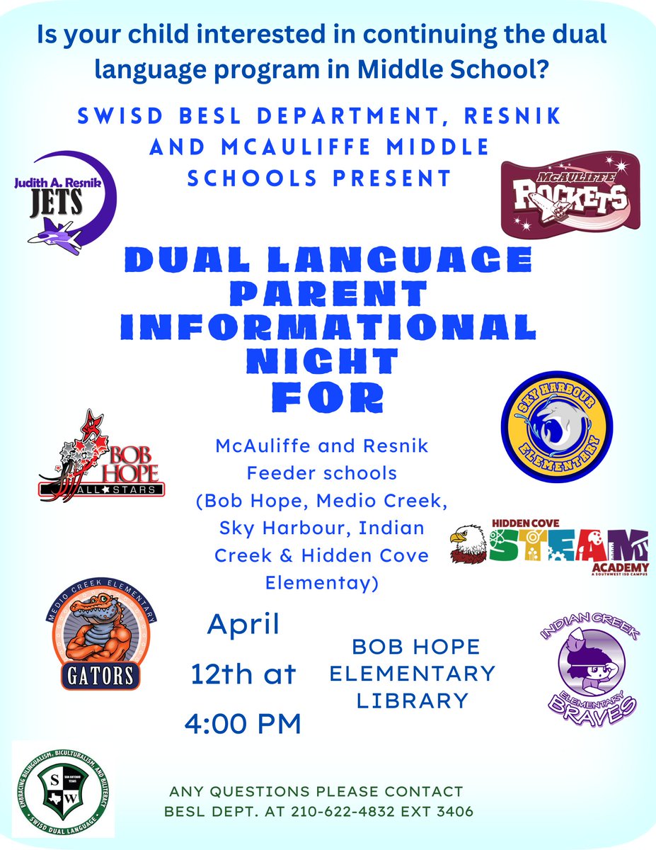 Information nights about the Dual Language Program at Resnik &amp; McAuliffe.
April 12 at Bob Hope Elementary