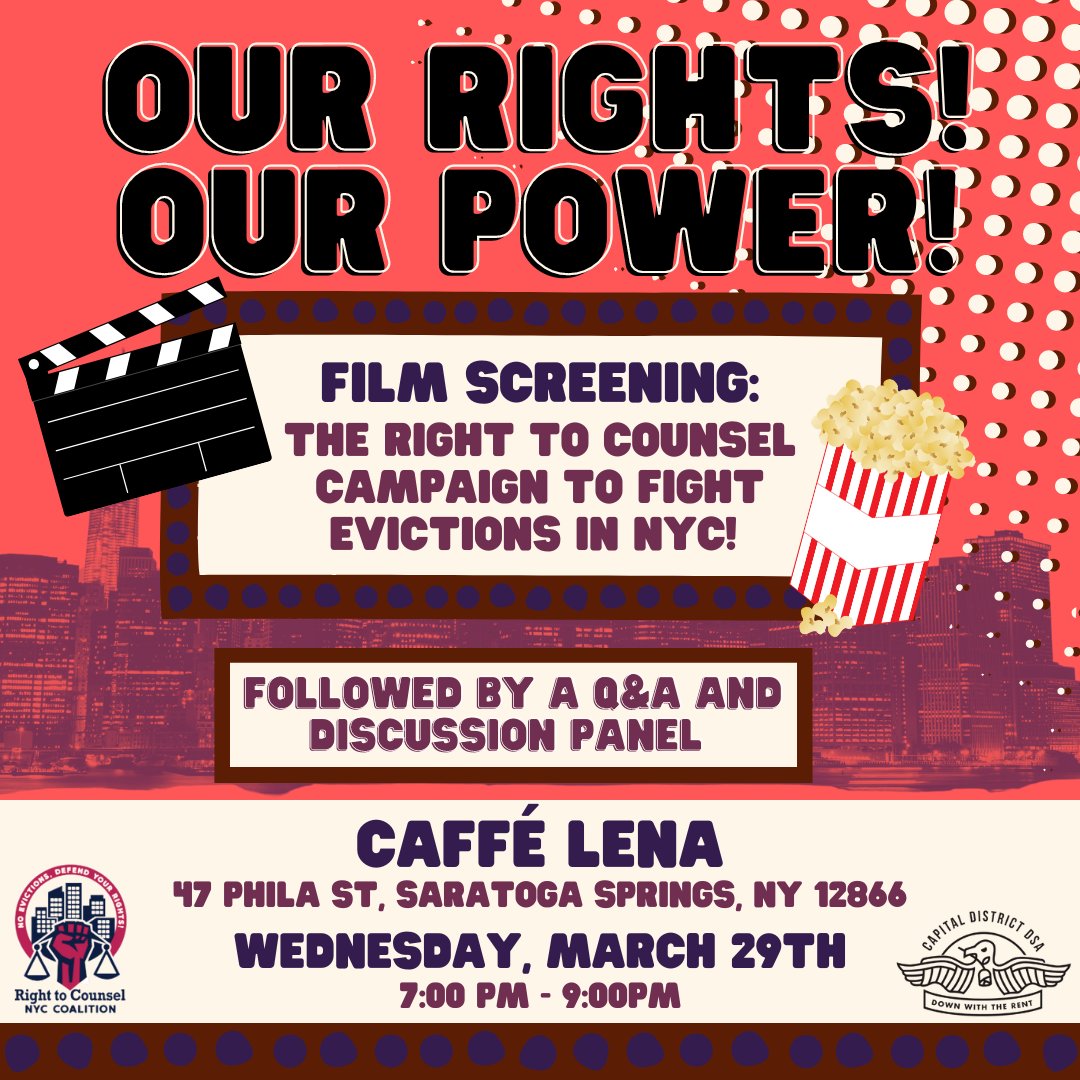 CapDistrictDSA's tweet photo. Join us for a documentary film screening about the historic campaign to win the right to a free attorney for tenants in NYC housing court, followed by a discussion about our current campaign to win Right To Counsel for ALL tenants in New York.
Register: https://t.co/lWM8RB8VGS https://t.co/ugG0LhDsgi