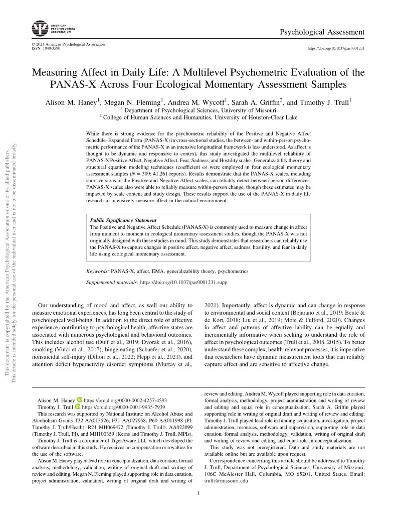 As long as I'm on here, here is a new paper in press at Psychological Assessment on evaluating different versions of the PANAS-X in EMA studies, focusing on multi-level reliability of scales.