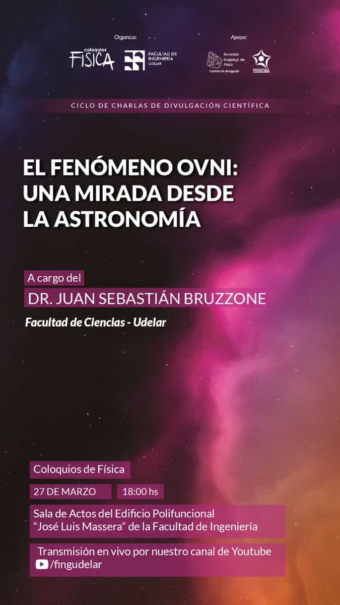 En media hora Sebastián Bruzzone nos estará hablando de los OVNIs desde el punto de vista de la astronomía. Se transmite en vivo por el canal de Fing en Youtube.