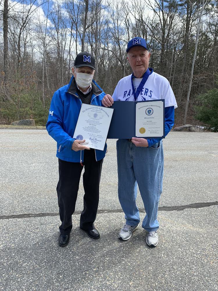 methuensports's tweet photo. Over the weekend Bob &amp; Ruthie Baillargeon presented Searles/Tenney/Methuen High School Class of 2023 Inductee Dan Dodson with his HOF Award, HOF Medal and Citations from State Rep Ryan Hamilton &amp;State Auditor (2023 Inductee) Diana Dizoglio. Congratulations Dan! https://t.co/1PoBVCA9qo