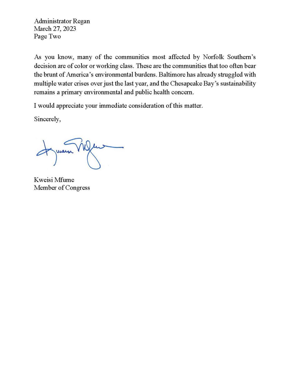 RepKweisiMfume's tweet photo. I sent this letter to the Environmental Protection Agency requesting it to immediately rescind its approval of Norfolk Southern’s decision to deliver  contaminated water from its toxic waste site in Ohio to Baltimore for release into our waters. https://t.co/Gl2Q4yoLrh