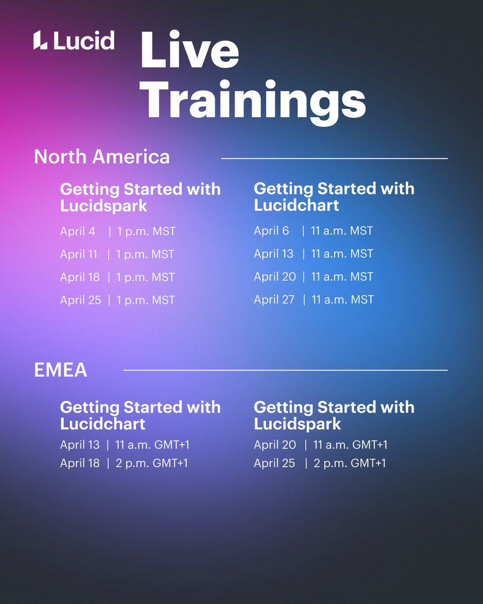LucidSoftware's tweet image. A new round of Lucid Live Training Labs is coming your way❗ 

Join one of our April sessions to learn the basics of #Lucidchart and #Lucidspark so you can host more effective collaborative meetings and working sessions.🤝 

training.lucid.co/calendar 

#LucidLiveTrainingLabs