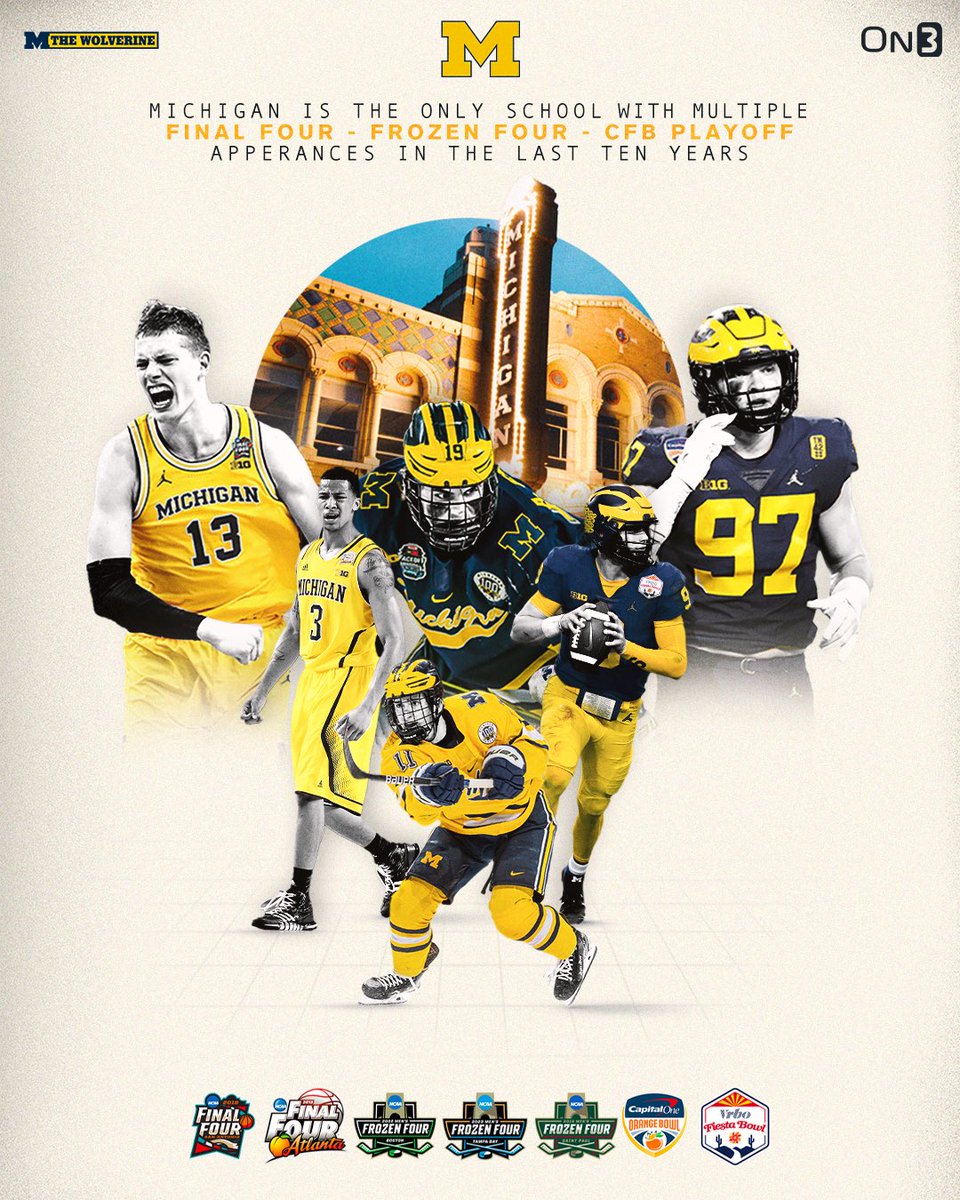 Michigan football, basketball and hockey have all reached the final four in their respective sports multiple times over the last 10 years … the only school in the country that can say that.

#GoBlue