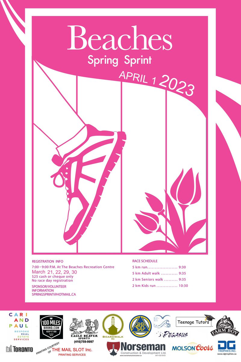 The annual Beaches Spring Sprint is this Saturday, April 1st! Register March 29th &amp; 30th at the Beaches Recreation Centre between 7-9pm.