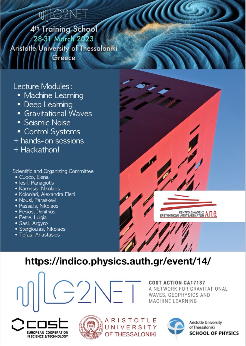 nikstergioulas's tweet photo. The 4th G2Net Training School on Gravitational Waves, Geophysics and Machine Learning starts tomorrow! It is hosted by the gravitational-waves group at the Aristotle University of Thessaloniki, Greece. https://t.co/vAIQI7vIhP