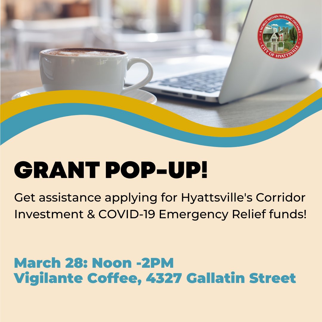 ☕️ Don’t miss tomorrow’s business grants pop-up at <a href="/VigilanteCoffee/">Vigilante Coffee</a>! Pop by between 12 – 2PM for hands-on assistance applying for the Business &amp; Non-Profit Emergency Relief Grants and the Corridor Investment Grants. The deadline to apply for the Emergency Relief Grants is 3/31!