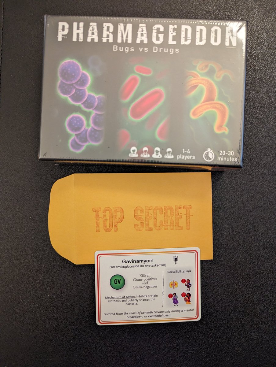 My #pharmageddon 💊🦠 game came in today! Everything looks and feels beautiful, even my super necessary custom abx card 😅, thanks so much Scott! <a href="/PharmageddonG/">Pharmageddon: Bugs vs Drugs</a> 

#AntimicrobialResistance
#stewardship  #IDtwitter #clinmicro