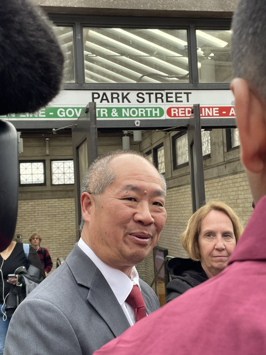 leowoods108's tweet photo. upcoming @MBTA general manager Phil Eng spoke to reporters outside park street station, saying he would take the T to and from work every day once he assumed the position #report4charlie https://t.co/bqQDkzWhVd